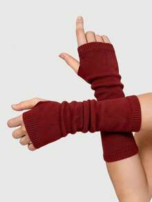 ROMWE Goth 1 Pair Minimalist Style Knitted Arm Warmers, Solid Black Countryside Inspired Half Arm Sleeve, Thin Warm Spring/Autumn - Burgundy 1 - View 1