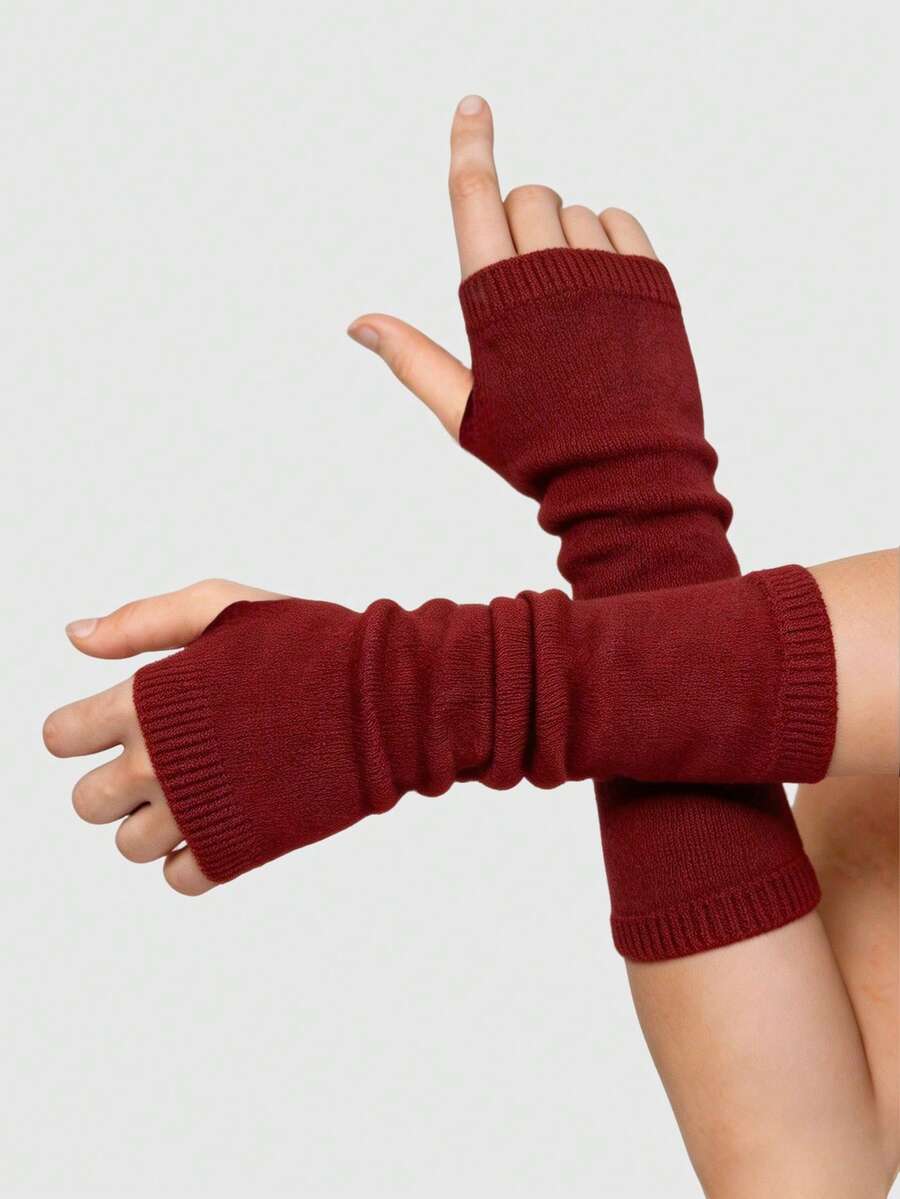 ROMWE Goth 1 Pair Minimalist Style Knitted Arm Warmers, Solid Black Countryside Inspired Half Arm Sleeve, Thin Warm Spring/Autumn - Burgundy 1 - View 1