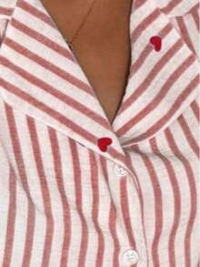 Women Striped & Heart Print Lapel Button‑Up Long Sleeve Pajama Set, Loose Casual 2‑Piece Sleepwear - Pink - View 6