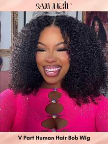 Kinky Curly V Part Bob Wig Human Hair Wigs With Elastic Drawstring Wead Go Glueless Wig Beginner Friendly Glueless Full Head Clip In Wigs - Natural Black - View 15