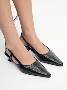 Mnmlis Black Pleated Glossy Pointed Back Empty Sandals Strap Strap Strap Heel Women's High Heel Sandals - Black - View 2