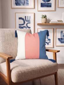 Cirelle 1pc/2pcs All-Season 3-Tone Vertical Color Block Canvas Pillow Covers With Four-Corner Tassels, Minimalist Modern Boho Neutral Home Decor Cushion Cases For Sofas, Bedrooms, Bay Windows, Apartments & Homestays, Pillow Insert Not Included - Pink blue - View 9