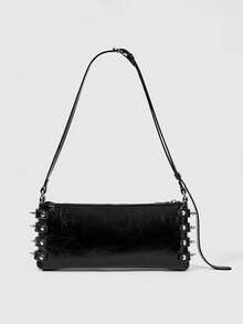 ROMWE 1 Piece Y2K Punk Style Shoulder Square Bag Rivet Decoration, Zipper Opening And Closing, Spice Girl Street Cool, Suitable For Daily Parties, Shopping, - Black - View 11
