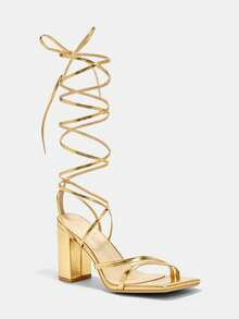 Glitzique Women's Gold Cross Strap Square Toe Chunky Heel High Heel Sandals, Versatile For Daily Wear - Gold - View 2