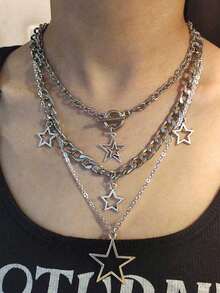 ROMWE Goth 2pcs Punk Vintage Style Rhinestone Star Pendant Necklace, Luxury Iced Out Double Layer Star Chain Necklace, Streetwear Choker - Silver-F - View 2