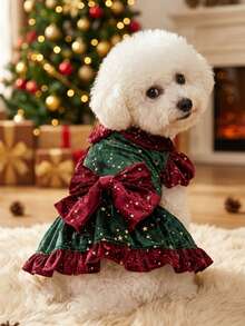 PETSIN Christmas Velvet Pet Dog Dress Gold Star Print Big Bow Ruffle Skirt Xmas Holiday Outfit For Small Puppy Cat - Green - View 2