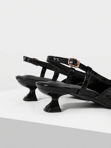 Mnmlis Black Pleated Glossy Pointed Back Empty Sandals Strap Strap Strap Heel Women's High Heel Sandals - Black - View 7