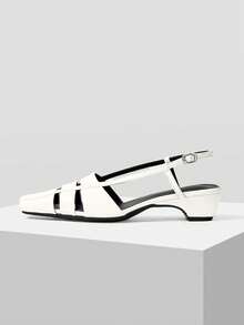 Mnmlis Off-White Woven Hollow Square Head Low-Heeled Sandals, Retro Roman Soft Leather Back Strap Commuter Bag Head Sandals - Beige - View 2