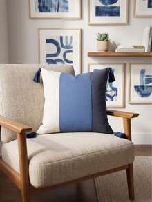Cirelle 1pc/2pcs All-Season 3-Tone Vertical Color Block Canvas Pillow Covers With Four-Corner Tassels, Minimalist Modern Boho Neutral Home Decor Cushion Cases For Sofas, Bedrooms, Bay Windows, Apartments & Homestays, Pillow Insert Not Included - dark blue - View 11