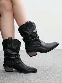 CUCCOO BIZCHIC 秋冬黑色百褶尖頭木紋粗跟西式筒靴 百搭通勤女靴 - 黑色2 - 查看 5