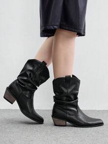 CUCCOO BIZCHIC 秋冬黑色百褶尖頭木紋粗跟西式筒靴 百搭通勤女靴 - 黑色2 - 查看 7