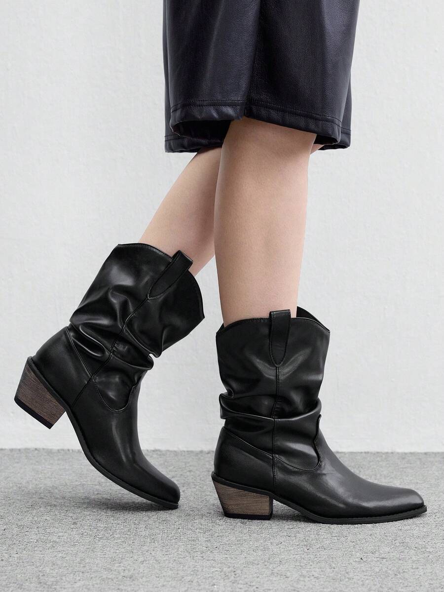 CUCCOO BIZCHIC Autumn And Winter Black Pleated Pointed Wood Grain Thick Heel Western Style Tube Boots Versatile Commuter Women's Boots Fall Boots - Black 2 - View 1