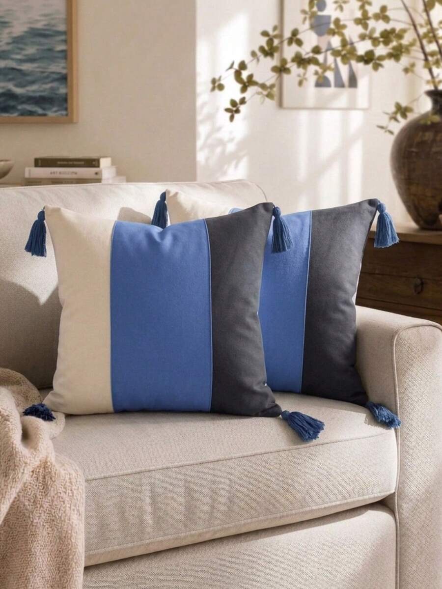 Cirelle 1pc/2pcs All-Season 3-Tone Vertical Color Block Canvas Pillow Covers With Four-Corner Tassels, Minimalist Modern Boho Neutral Home Decor Cushion Cases For Sofas, Bedrooms, Bay Windows, Apartments & Homestays, Pillow Insert Not Included - dark blue - View 1