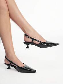 Mnmlis Black Pleated Glossy Pointed Back Empty Sandals Strap Strap Strap Heel Women's High Heel Sandals - Black - View 4