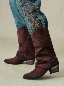 Styleloop Autumn/Winter Maillard Dark Brown Suede Pleated Pile Pointed Thick Heel Medium Boots Vintage Loose Sleeve Western Boots - dark brown - View 2