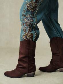 Styleloop Autumn/Winter Maillard Dark Brown Suede Pleated Pile Pointed Thick Heel Medium Boots Vintage Loose Sleeve Western Boots - dark brown - View 3