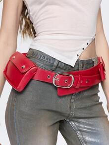 ROMWE Grunge Punk Y2K Punk Style, Black Metal Rivets, Gas Eyes, Multiple Pockets, Adjustable Metal Buckle, Women's Fanny Pack, - Big red - View 3