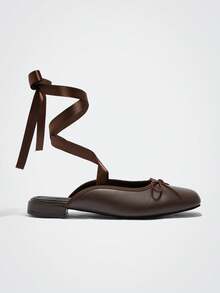 Maija Women's Cute Brown Flats Square Toe Bow Cutout Back Lace-Up Ankle Strap Casual Work Shoes - Brown - View 1