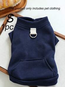 1Pc Solid Pet Pocket Sweatshirt With Leash Ring, Spring Autumn Warm Puppy Clothes, Cute Small Dog Cat Outfit - Navy Blue - View 11