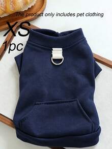 1Pc Solid Pet Pocket Sweatshirt With Leash Ring, Spring Autumn Warm Puppy Clothes, Cute Small Dog Cat Outfit - Navy Blue - View 12