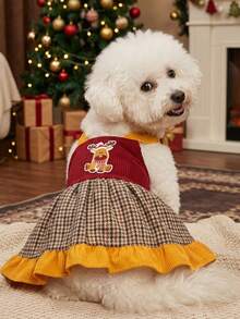 PETSIN Christmas Reindeer Plaid Pet Suspender Skirt, Cute Dog Cat Holiday Dress Skirt - Red - View 1