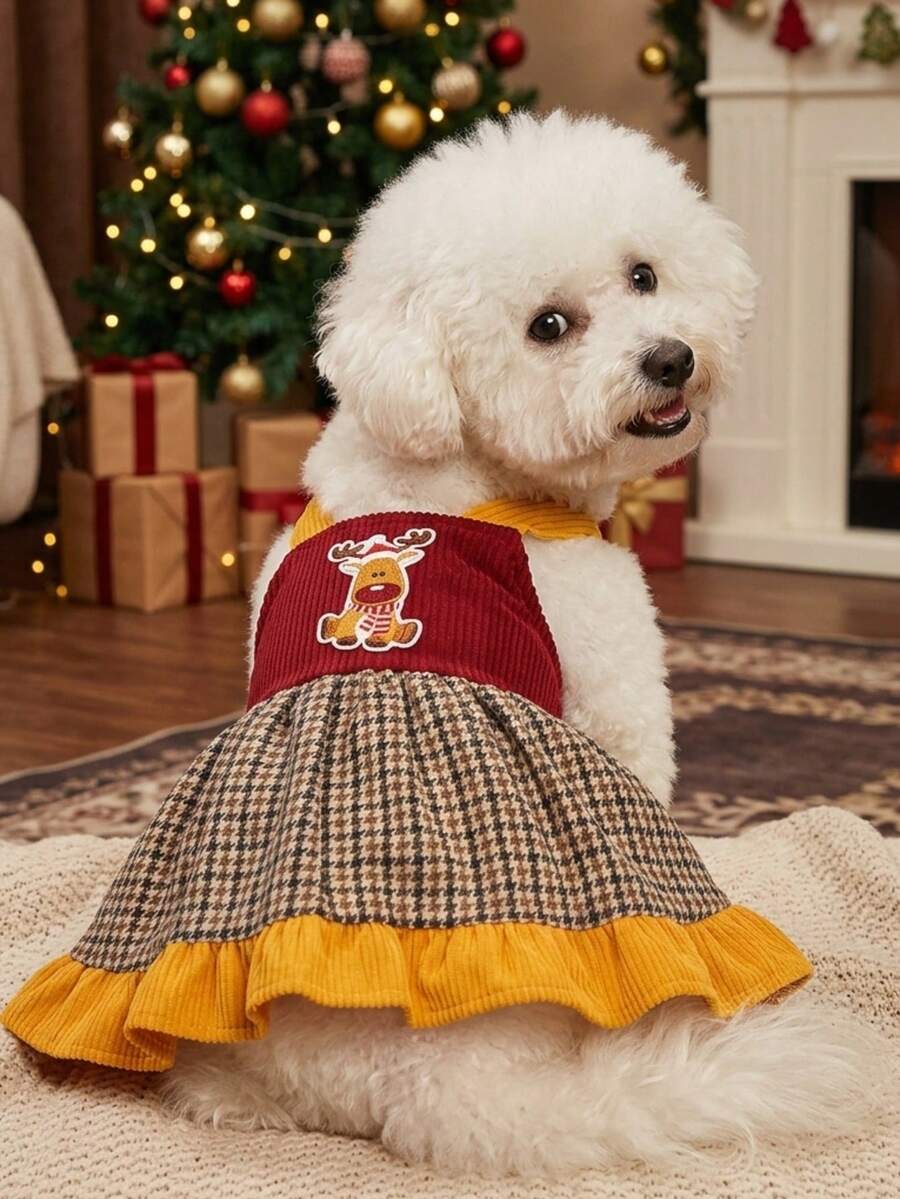 PETSIN Christmas Reindeer Plaid Pet Suspender Skirt, Cute Dog Cat Holiday Dress Skirt - Red - View 1