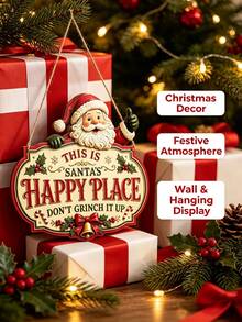 This Is Santa's Happy Place Wooden Hanging Sign, Hand Carved Santa Christmas Front Door Decor, Rustic Winter Porch Wood Plaque Holiday Gift - Multicolor - View 2