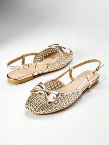 VACAZURE Women's Elegant Ribbon Decorated Woven PU Comfortable Sling-Back Flats - Gold - View 4