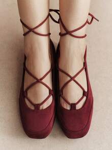 Rosivie Retro Jujube Cross-Rope Shoes, Ankle Lace-Up French Atmosphere Soft-Soled Women's Shoes Fall Shoes - jujube - View 5