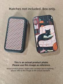 1PC Durable Metal Black Cat Pink Chair Pattern Sliding Lid Matchbox Style Storage Tin Compact Portable Multipurpose Organizer For Coins Jewelry Travel Home Office Desk Accessory Gift - Multicolor - View 5