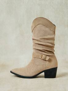 Styleloop Women's Khaki Pointed Toe Chunky Heel Ruched Suede Mid-Calf Boots Autumn Office Fall Boots - Khaki 01 - View 4
