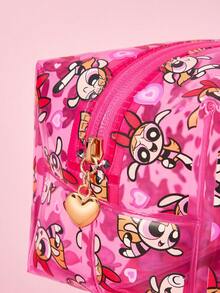 THE POWERPUFF GIRLS X SHEIN 粉色透明PVC化妝包，卡通印花防水拉鍊收納袋，可愛愛心圖案化妝收納袋，多功能旅行盥洗包，適用日常使用、文具和小物品收納 - 彩色 - 查看 5