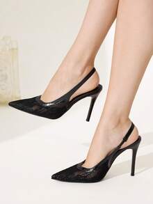 CUCCOO CHICEST French Pure Black Lace Transparent V-Shaped Hemming Pointed Toe Thin Heel Slingback Shoes Elegant Commuting Dating Thin High Heels - Black - View 2