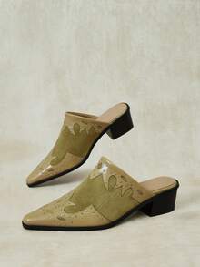 Styleloop Vintage Splicing Rivet Carving Western Style Thick Heel Closed Toe Mules - Khaki - View 2