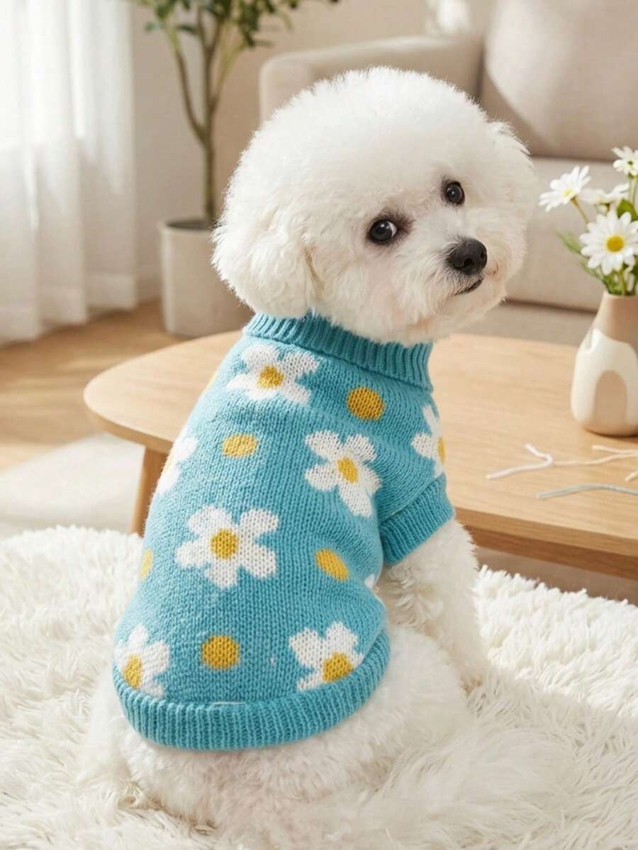 PETSIN قطعة واحدة كنزة حيوان أليف بنقشة زهرة البابونج لعطلة عيد الميلاد، ملابس حيوانات أليفة شتوية سميكة ودافئة - متعدد الألوان - مشاهدة 1