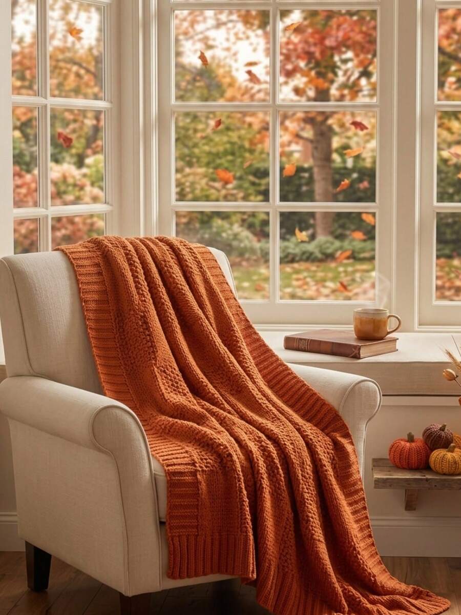 Cirelle 1pc Burnt Orange Knitted Throw Blanket For Couch - Soft Textured Terracotta Block Knit Sofa Blanket With Ribbed Border, Lightweight Cozy Autumn Thanksgiving Decor Throw For Chair, Bed & Living Room - Orange - View 1