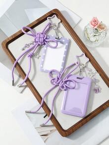 ROMWE Kawaii 1 Unique, Fashionable And Simple Purple Handmade Braided Rope Chinese Knot Acrylic Bow Polka Dot Printing Card Cover DIY Keychain Bag Pendant - Purple - View 4