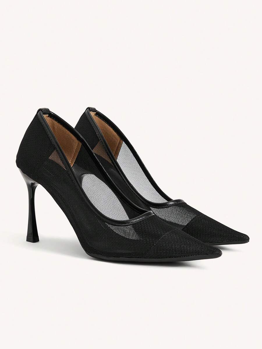 CUCCOO CHICEST Minimalist Style Pure Black Mesh See-Through Pointed High Heels, Thin Heels And Low Vamp Shoes, Daily Street Versatile Models - Black - View 1