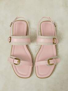Styleloop French Maillard Style Double Gold Buckle Sandals Soft Sole Non-Slip Flat Roman Shoes Summer Wear Versatile Belt Shoes - Dusty Pink - View 4