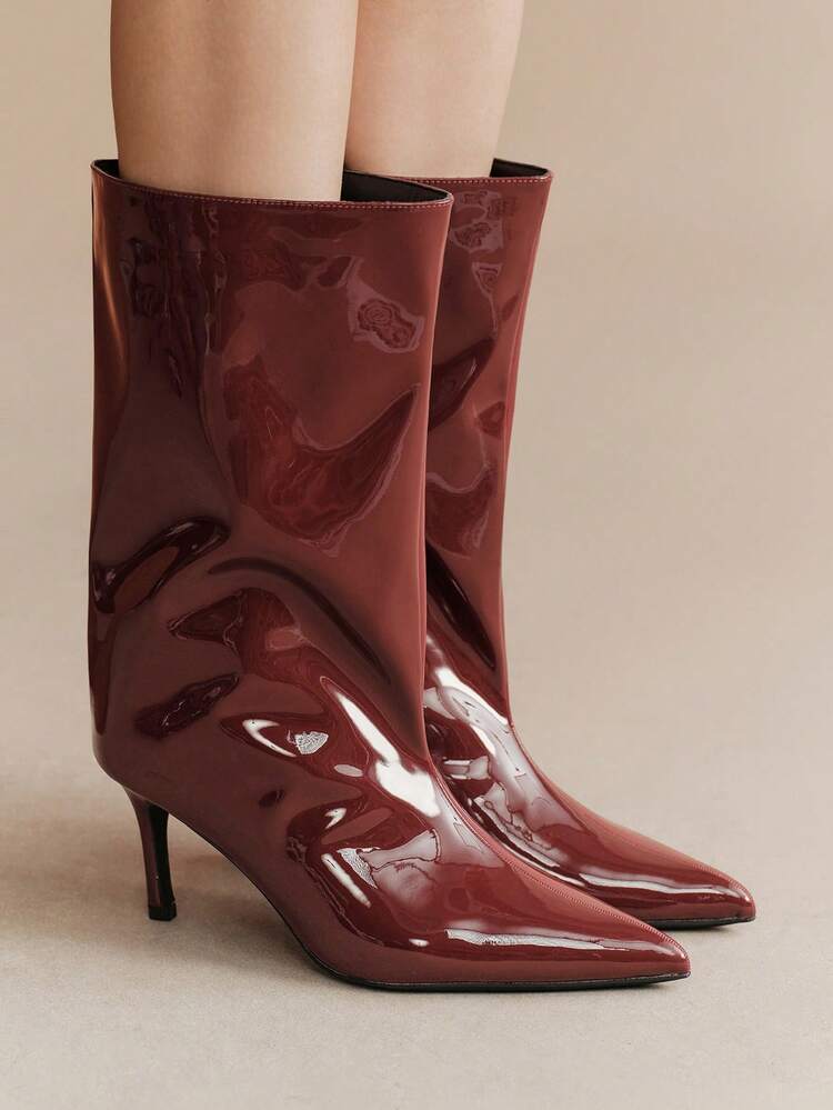 Rosivie Vintage Sleeve Pointed Heel Patent Leather Pleated Cover Meat Skinny Spice Girl Dating Atmosphere Medium Boots - Burgundy - View 5
