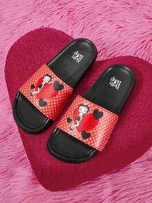 Betty Boop x SHEIN نعال نسائية وردية وبيضاء مطبوعة، نعال خفيفة الوزن بقاع ناعم - القلب الأسود - مشاهدة 4