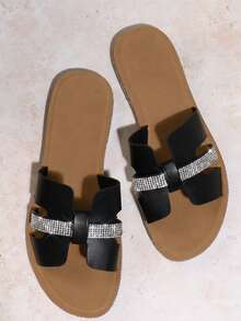 VACAZURE Women's Solid Color Flat Sandals With Rhinestone Decoration - Black - View 1