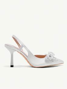 CUCCOO CHICEST Salto Alto Stiletto de Bico Fino para Mulheres, Decoração com Laço de Pérola Falsa e Strass, Sapatos Elegantes para Festa Formal, Casamento e Convidados, Branco para Natal, Sapatos Elegantes de Casamento, Sapatos de Verão, Sapatos de Noiva - Bege - Visão 3