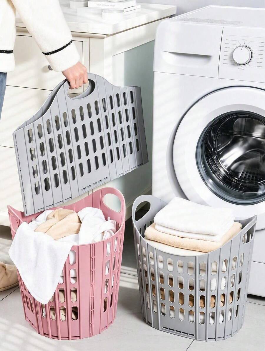 Haus Hana 1pc Foldable Laundry Basket, Multi-Functional Handheld Clothes Hamper, Wall Mountable Dirty Clothes Storage Bin For Bedroom & Bathroom - Multicolor - View 1