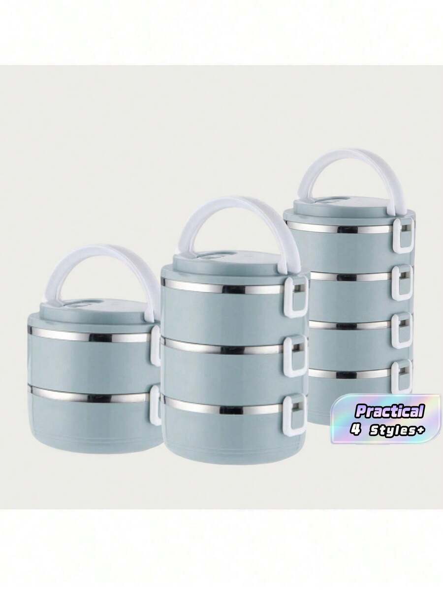 1/2/3/4pcs Round Stainless Steel Inner Liner And Abs Handle Premium Solid Color Lunch Box With Lid, Multi-Layer Compartments, Multi-Functional, High Temperature Resistant, Strong Sealing, Heat Retention, With Handle And Air Vent, Made Of Materials - Baby Blue - View 1