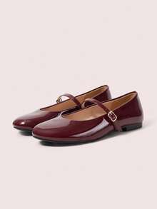 CUCCOO DOLLMOD Women's Flats, Round Toe Ballet Flats, Comfortable Slip-On, Fashionable, Versatile, Buckle, Decoration, Mary Jane Flats, Casual, Commuter Fall Shoes - Burgundy - View 2