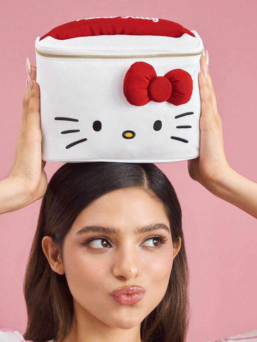 HELLO KITTY AND FRIENDS | SHEIN Cute Cat Print Large Capacity Polyester Makeup Bag With 3D Bow & Handle, Cosmetic Organizer For Travel & Daily Use - Red bow - View 1