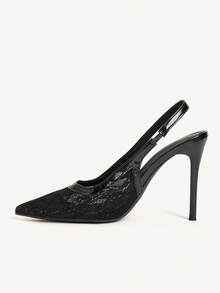 CUCCOO CHICEST French Pure Black Lace Transparent V-Shaped Hemming Pointed Toe Thin Heel Slingback Shoes Elegant Commuting Dating Thin High Heels - Black - View 13