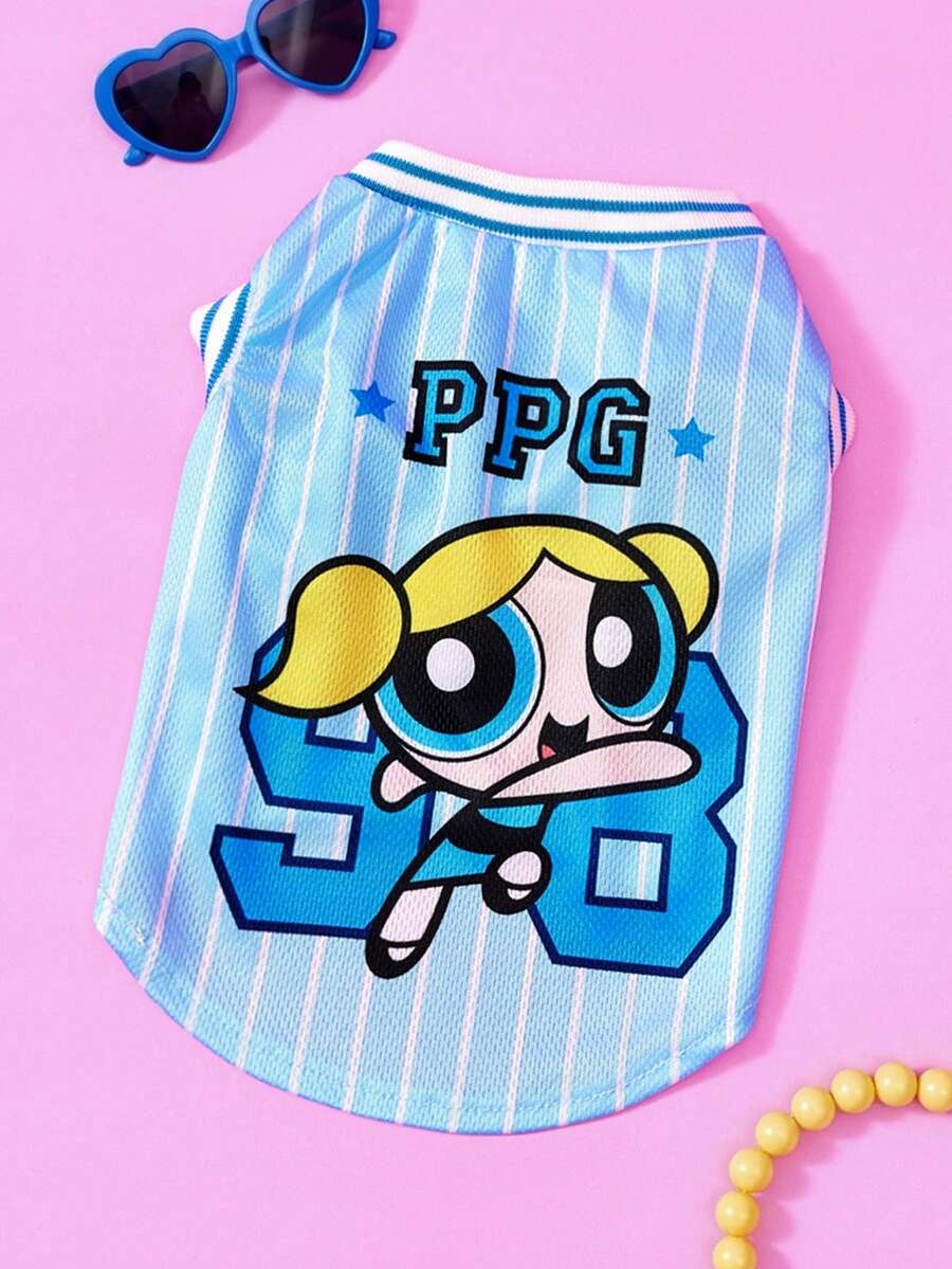 THE POWERPUFF GIRLS X PETSIN 1件可愛黃色頭髮大眼女孩星星數字98字母印花寵物背心 藍色配白色條紋 運動風 柔軟舒適寵物衣服 - 彩色 - 查看 1
