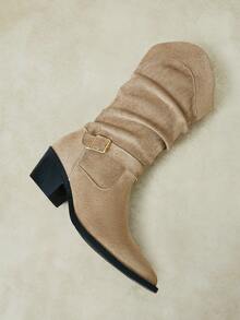 Styleloop Women's Khaki Pointed Toe Chunky Heel Ruched Suede Mid-Calf Boots Autumn Office Fall Boots - Khaki 01 - View 8
